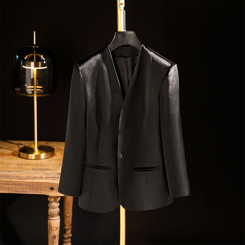 2025 spring and summer new imported acetic acid fabric collarless small suit medium sleeve split shoulder cotton outer commuter small jacket