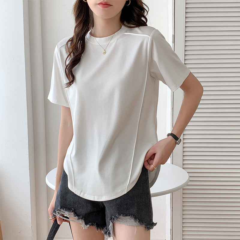 Short-sleeved T-shirt women's hem curved Roman Tencel fish bone half-sleeved ice silk top loose summer stomach cover t-shirt