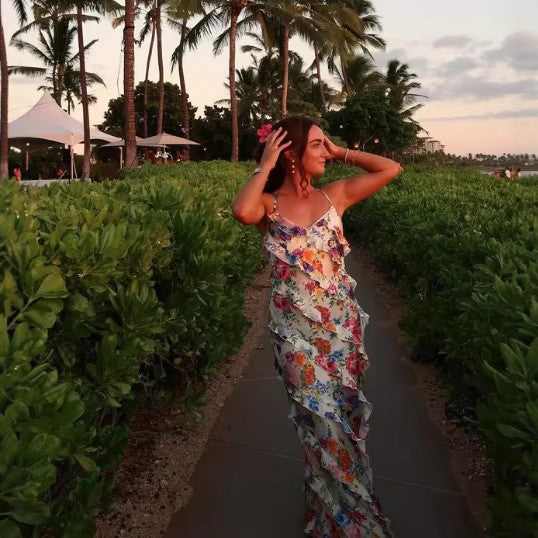 Cross-border luxury summer high-end vacation style photography casual floral dress suspender thin hip floral dress women