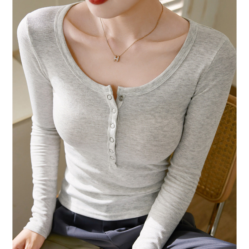 Button bottoming shirt women's autumn and winter 2026 new t-shirt outer wear thin inner long-sleeved T-shirt crew neck slim top