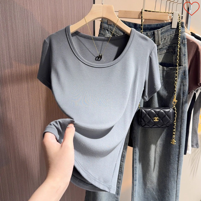 Gray blue u-neck short-sleeved t-shirt women's summer front shoulder Korean versatile tight round neck fashion bottoming shirt slim top
