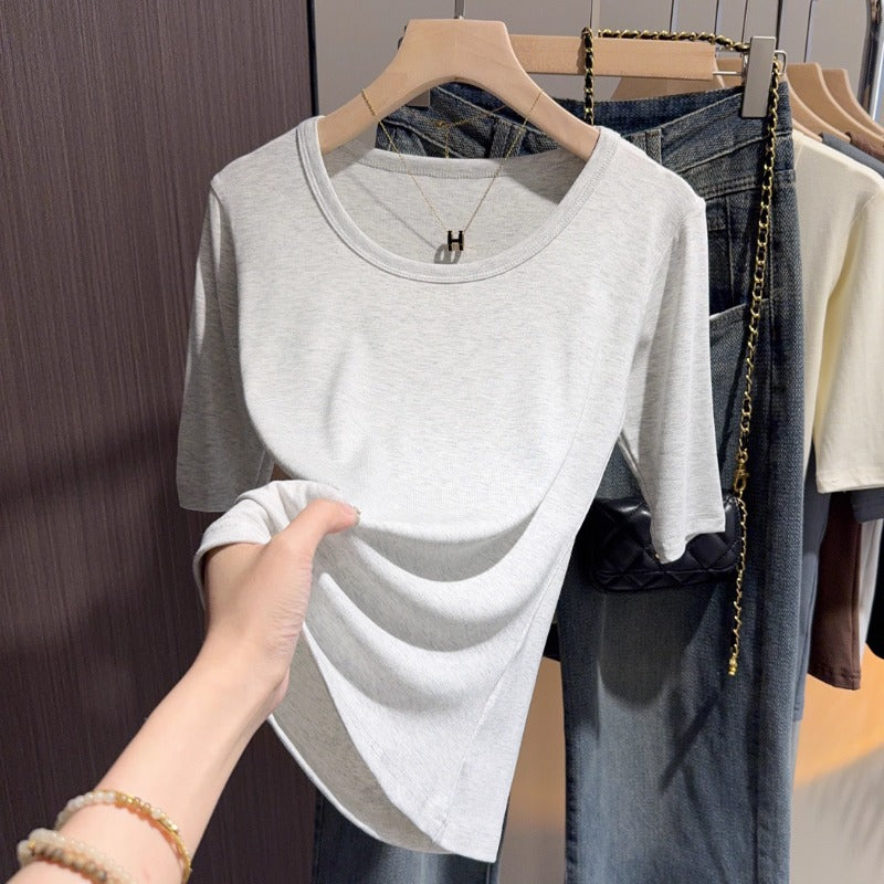 White medium-sleeved t-shirt women's knitted sweater spring and autumn summer basic V-neck bottoming shirt with five-quarter-sleeved top and t-shirt