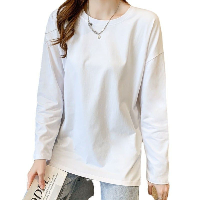 Cotton slit mid-length loose long-sleeved T-shirt base shirt women's crew neck spring and autumn new inner top