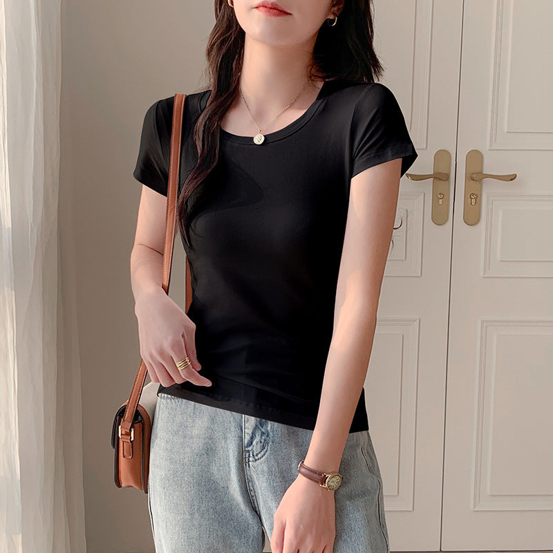 Pure cotton white round neck slim short-sleeved t-shirt women's 2025 summer new versatile slim top fashion ins t-shirt
