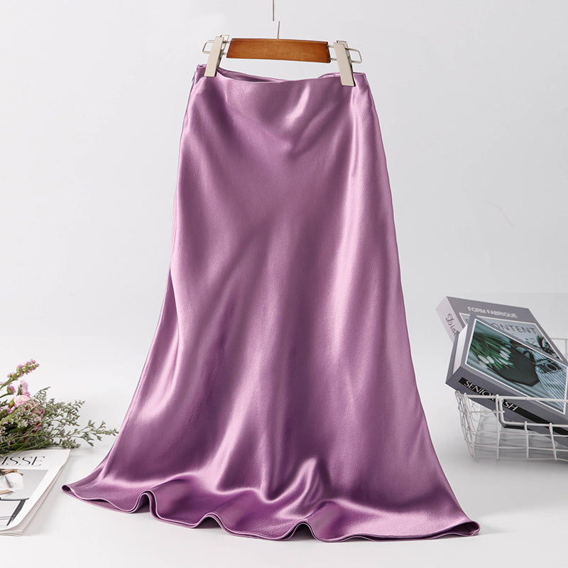 Fried Street Elastic Waist Acetic Acid Skirt High-end Silky 2025 Spring and Summer New Over-the-Knee Swing Skirt