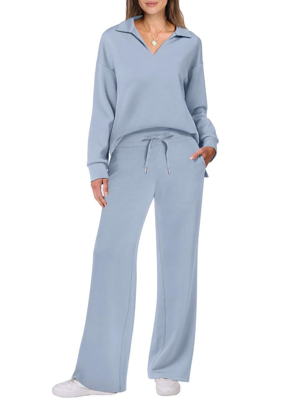 2025 autumn and winter Amazon, cross-border European and American new women's long-sleeved V-neck two-piece set drawstring solid color casual set