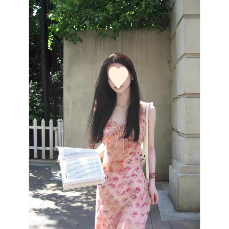 French pink floral suspender dress women's summer 2025 new small temperament waist holiday dress