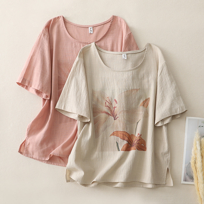 Real shot 2025 summer new cotton and linen literary and retro printing loose casual short-sleeved top T-shirt women