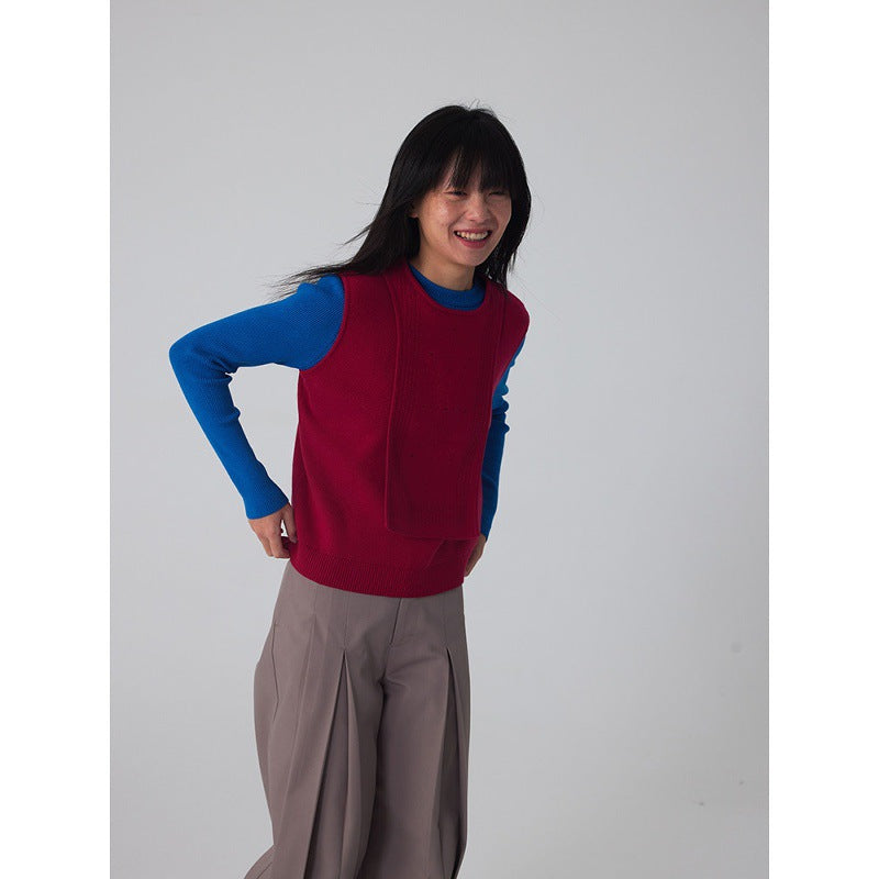 IN JOMI blue sweater crew neck new temperament waist slimming versatile ribbed knitted long sleeve design
