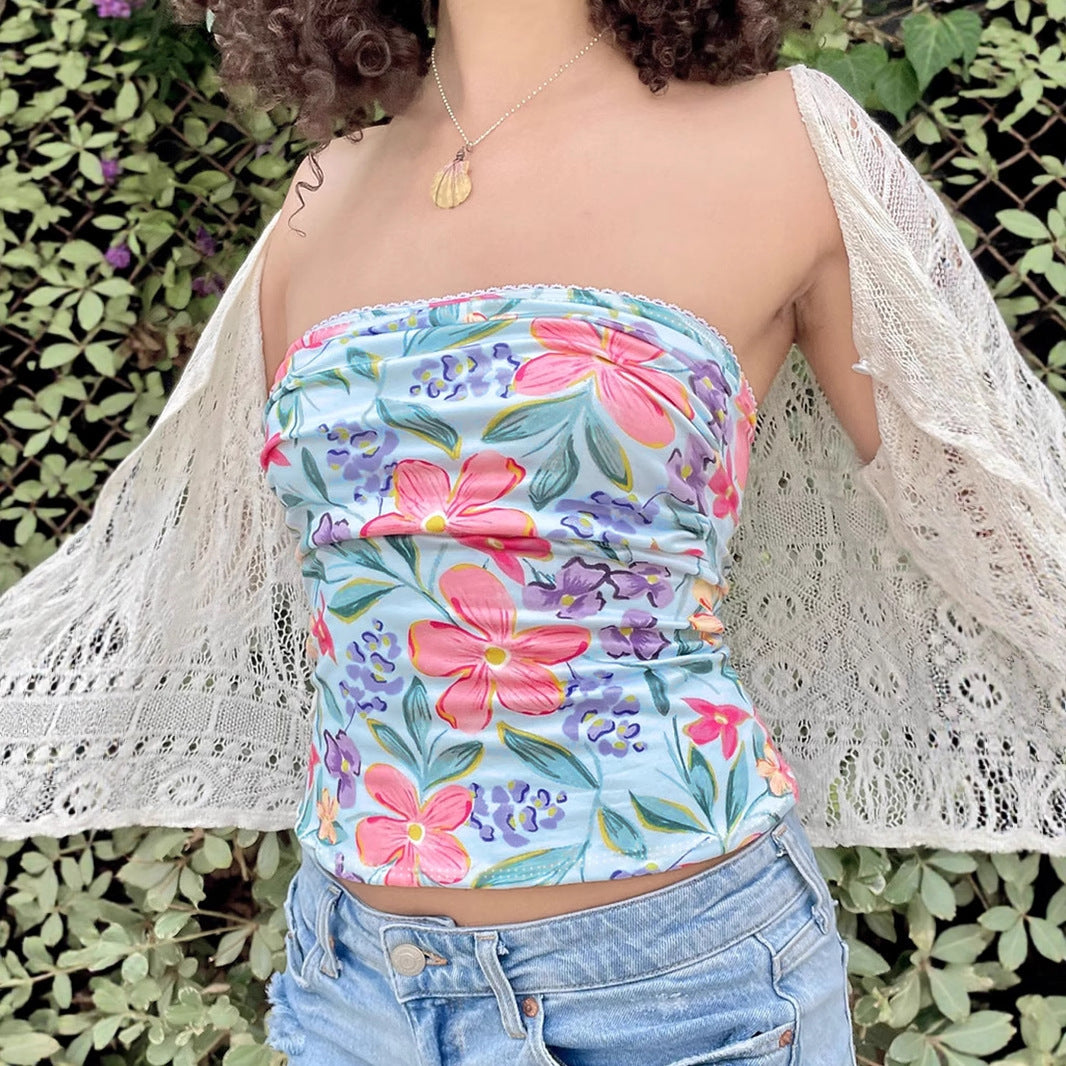 Street Vacation Wind Island Shell Print Off-Shoulder Slim-Fit Vest Hot Girl Sexy Skinny Versatile Top