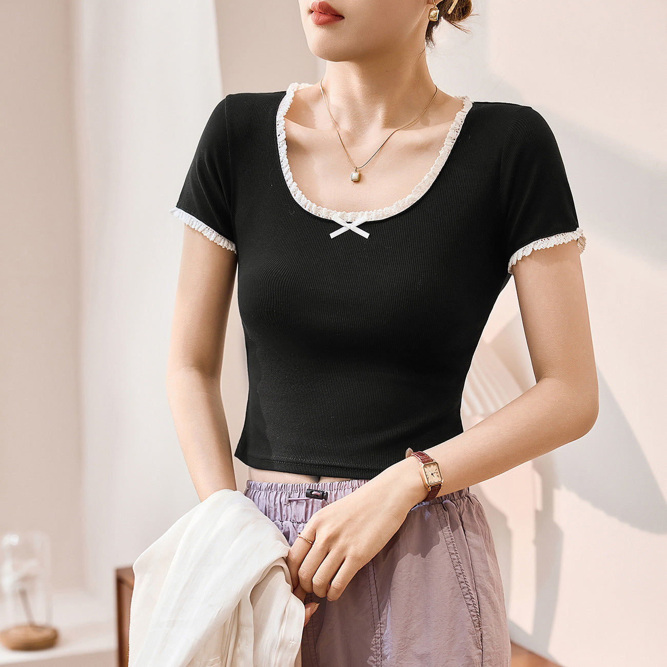 #260G Youke silk, Zhen quality #lace T-shirt women's summer new U-neck bow short-sleeved contrasting high-waisted top