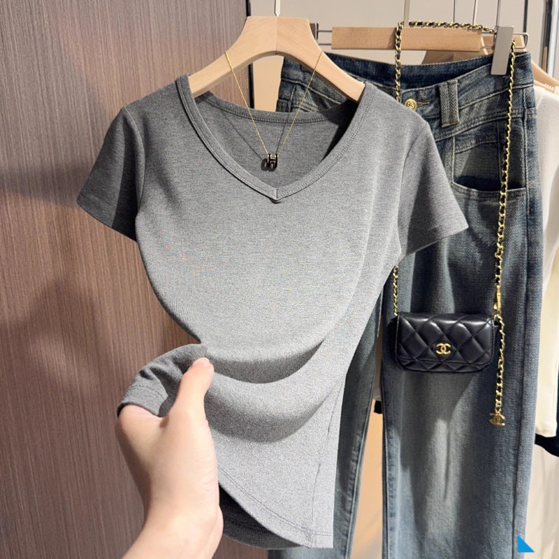 apricot v-neck t-shirt women's short-sleeved front shoulder versatile summer high-end bottoming shirt fashion temperament Korean outerwear top
