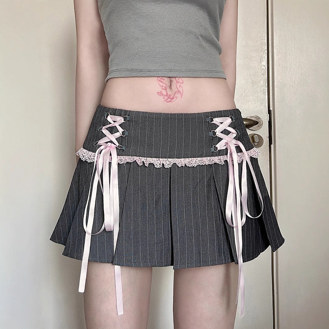 Love cloth forget French ballet style contrasting colors striped bow lace splicing skirt suit material pleated skirt