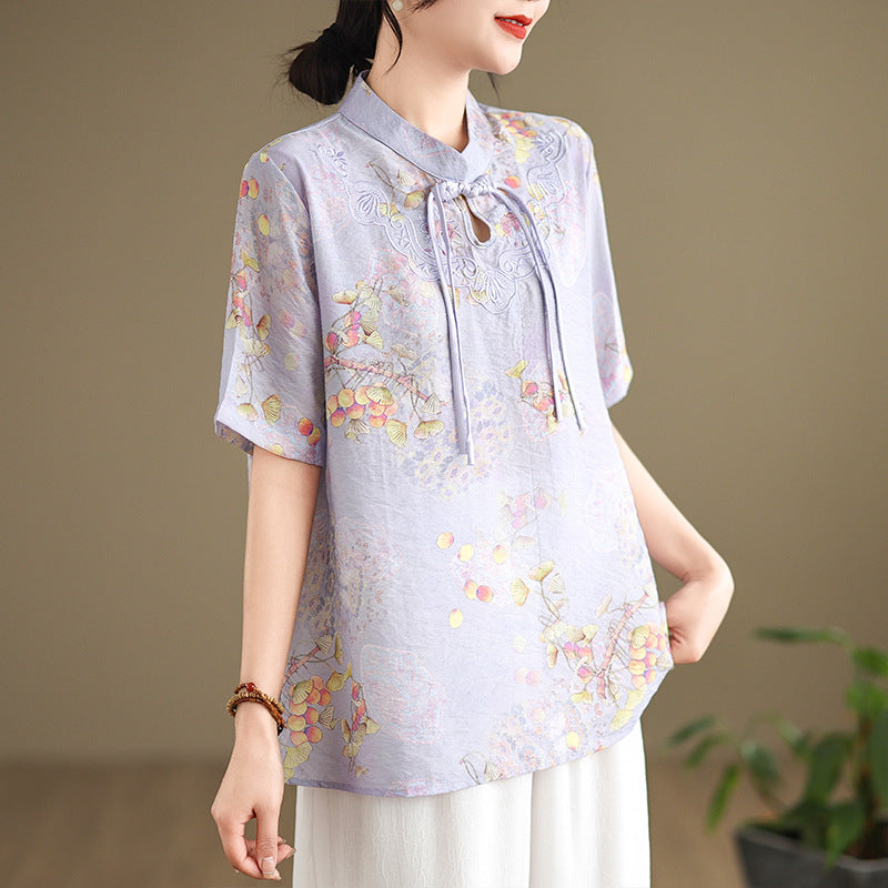 Real shot 2024 summer new national style literary and retro stand-up collar buckle tea clothes shirt top women