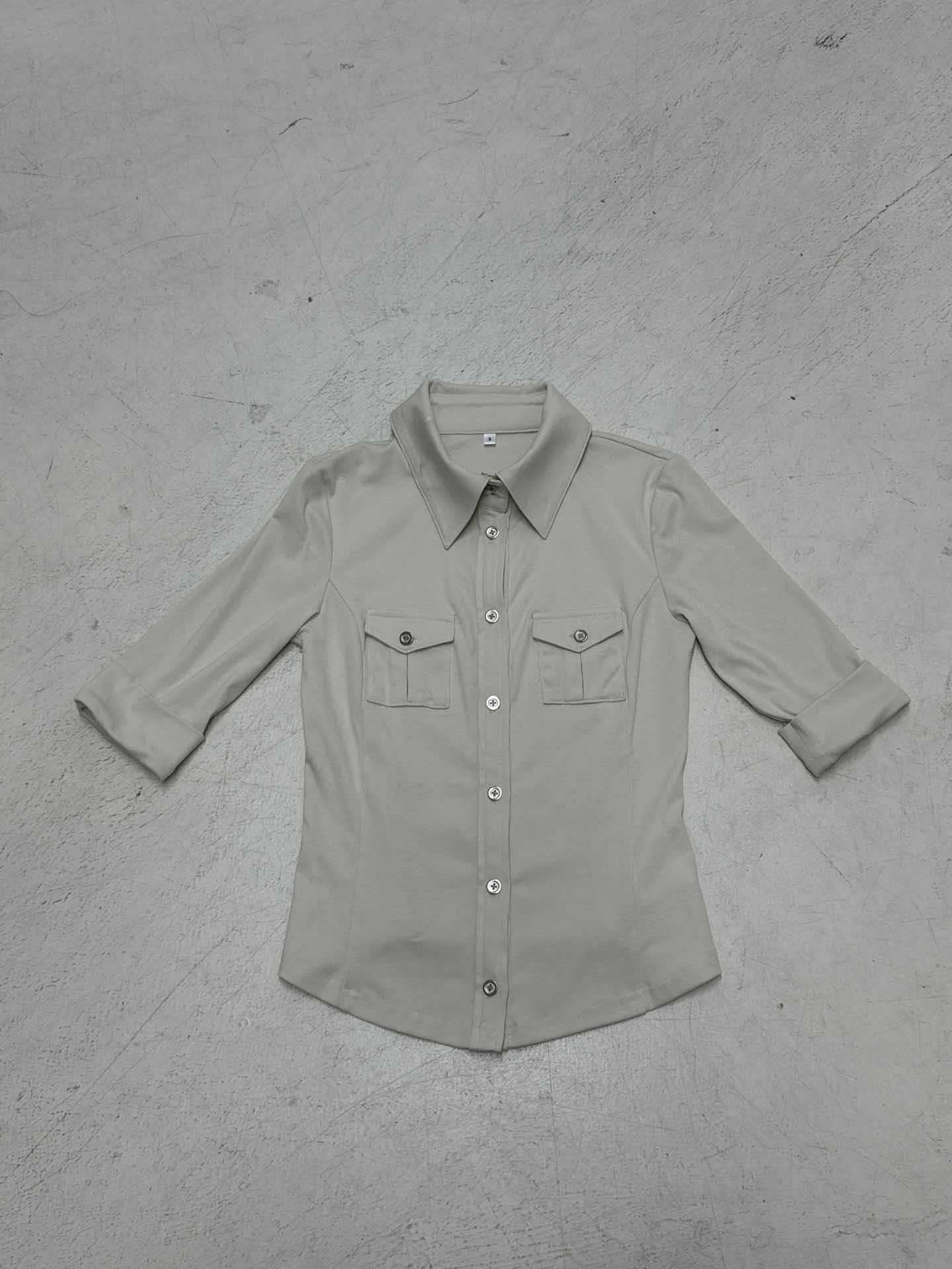 Love cloth forget imperial sister wind lapel collar tooling pocket simple long-sleeved shirt design waist line slim-fitting knitted top