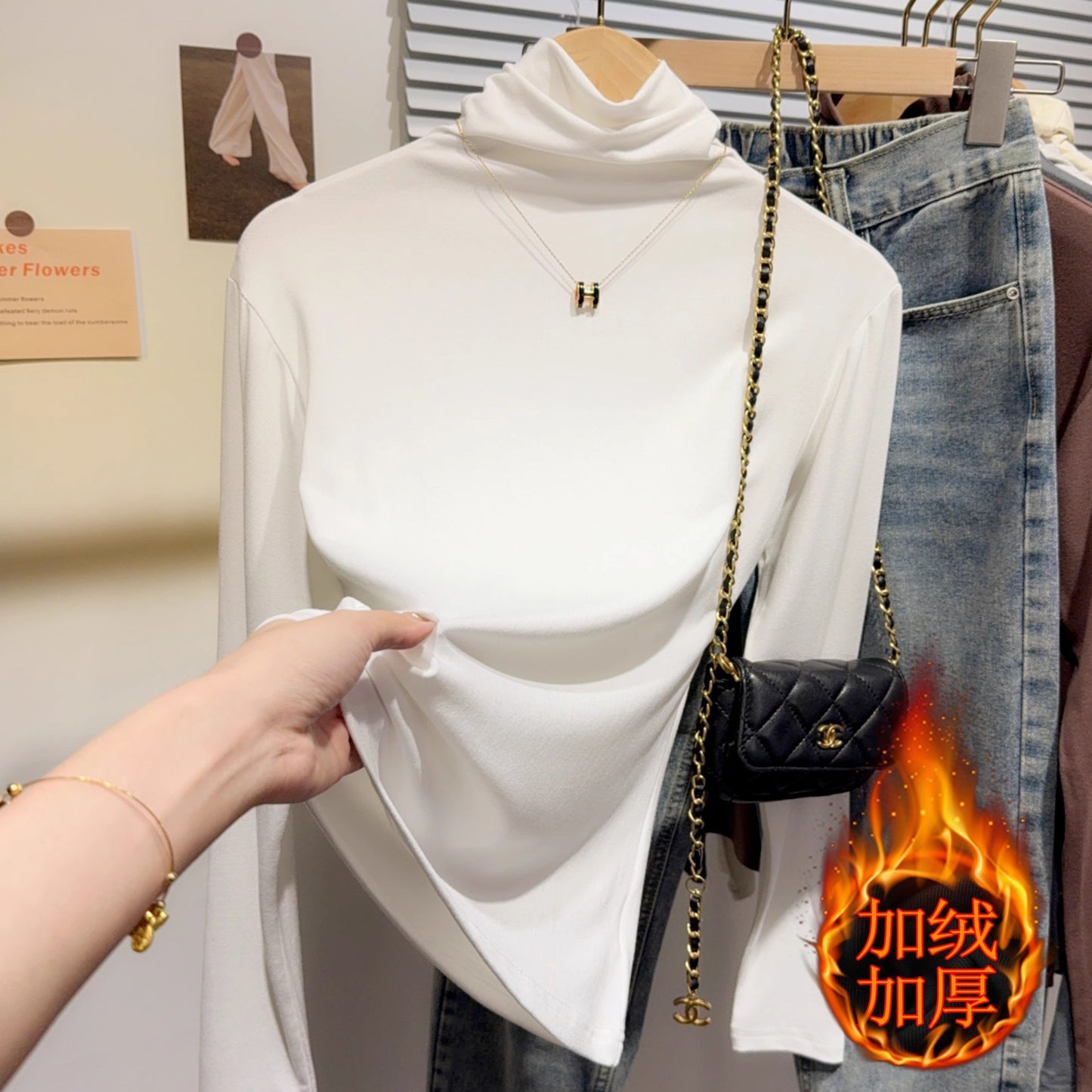 White bottoming shirt women's 2025 new autumn and winter long-sleeved t-shirt double-sided German velvet warm versatile turtleneck top