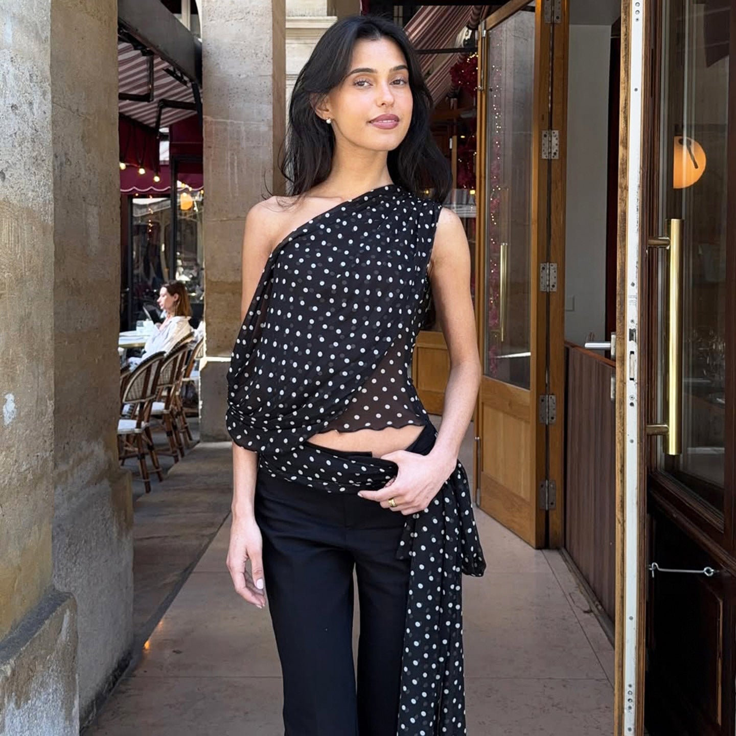 Spice girl sexy leopard print scarf ruffle edge sling vest vacation style low cut backless versatile top