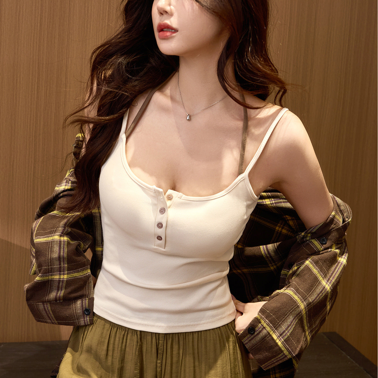 #High elastic pure cotton #Fake two-piece neck sling Spice Girl vest women's summer new sexy outer wear with bottom top