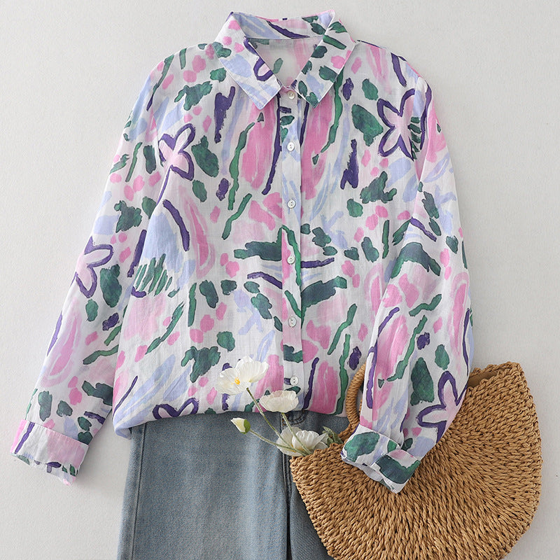 Real shot 2025 spring new color ink color printing light and breathable long-sleeved shirt top women #1079