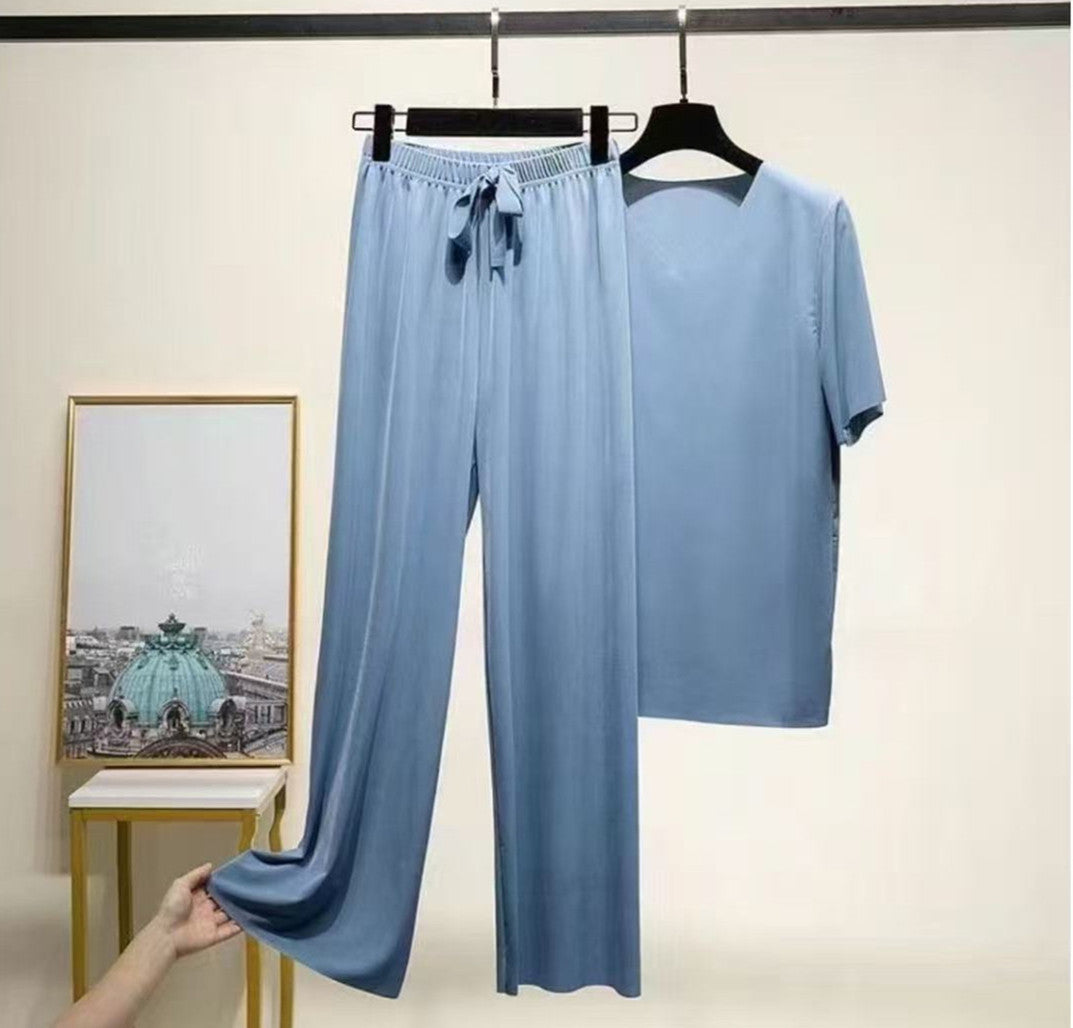 Amazon spring and summer two-piece suit can be worn outside V-neck short-sleeved T-shirt thin solid color loungewear loose wide-leg pants