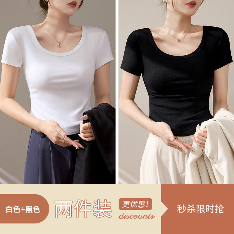 High-quality short-sleeved T-shirt women's 2025 new summer slim-fitting and thin curved hem fashionable foreign U-neck top trendy