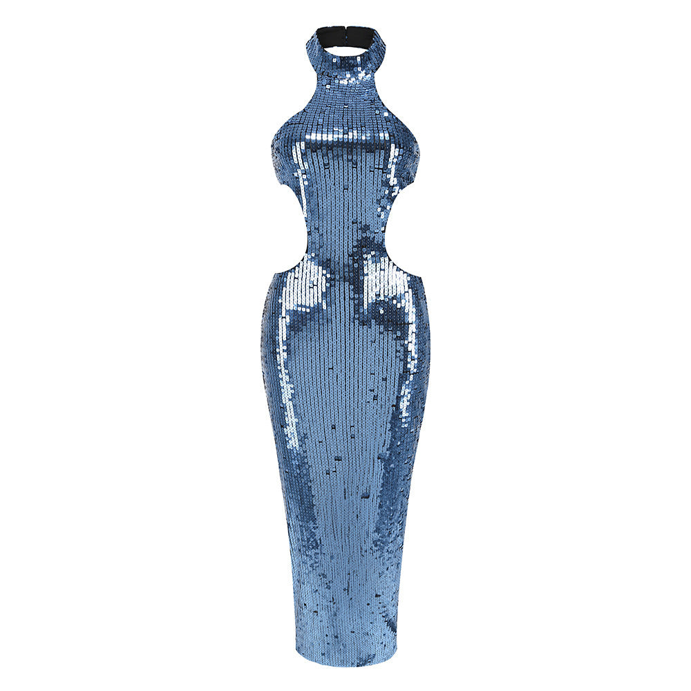 Amazon cross-border European and American style high-end sexy sequined evening dress high-end slim women's clothing neck dress long