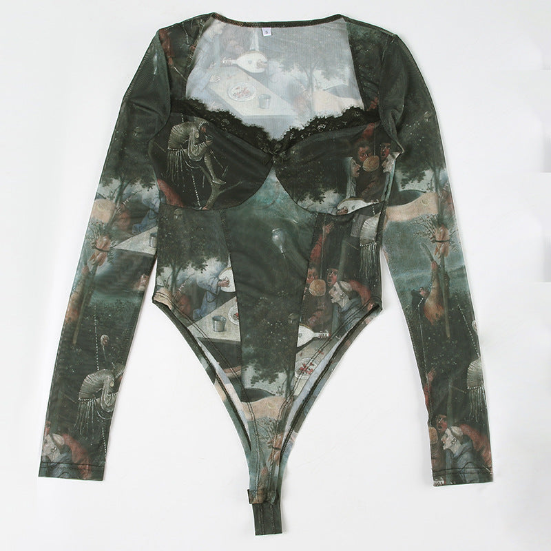 ins cross-border women's clothing ancient Greek printing lace splicing irregular waist T-shirt sexy low-cut see-through onesie