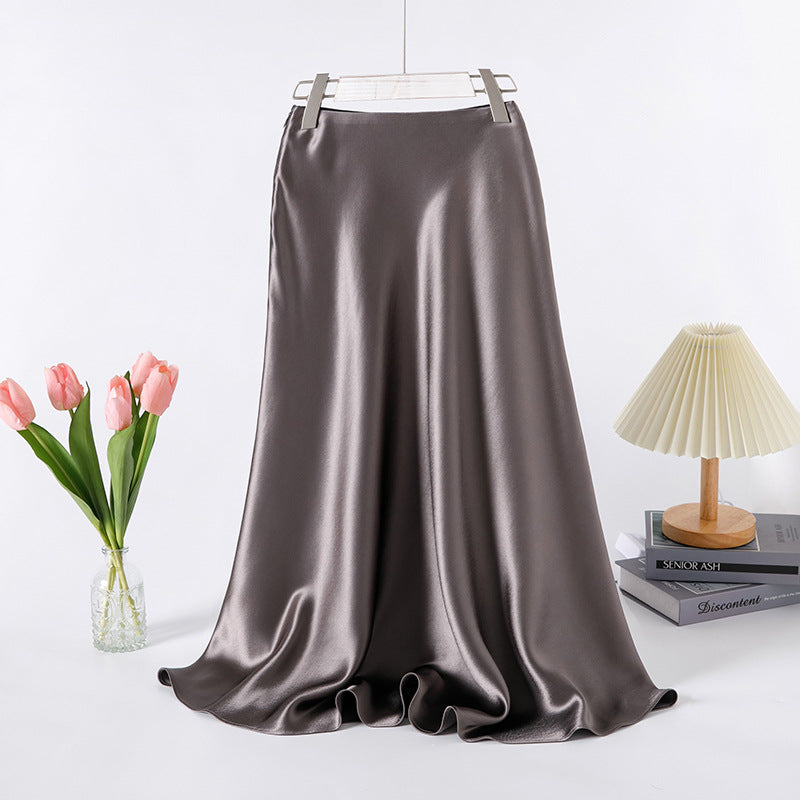 Fried Street Elastic Waist Acetic Acid Skirt High-end Silky 2025 Spring and Summer New Over-the-Knee Swing Skirt