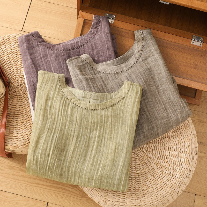 Real shot 2024 summer new cotton and linen literary and retro Chinese style loose short-sleeved top T-shirt women #6755