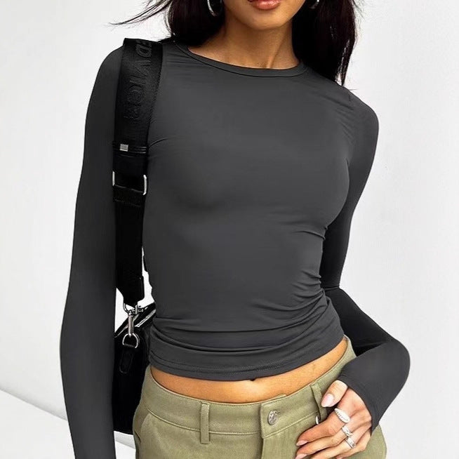 Amazon European and American cross-border 2025 spring and autumn women's clothing solid color round neck slim-fitting bottoming shirt long-sleeved T-shirt European and American style