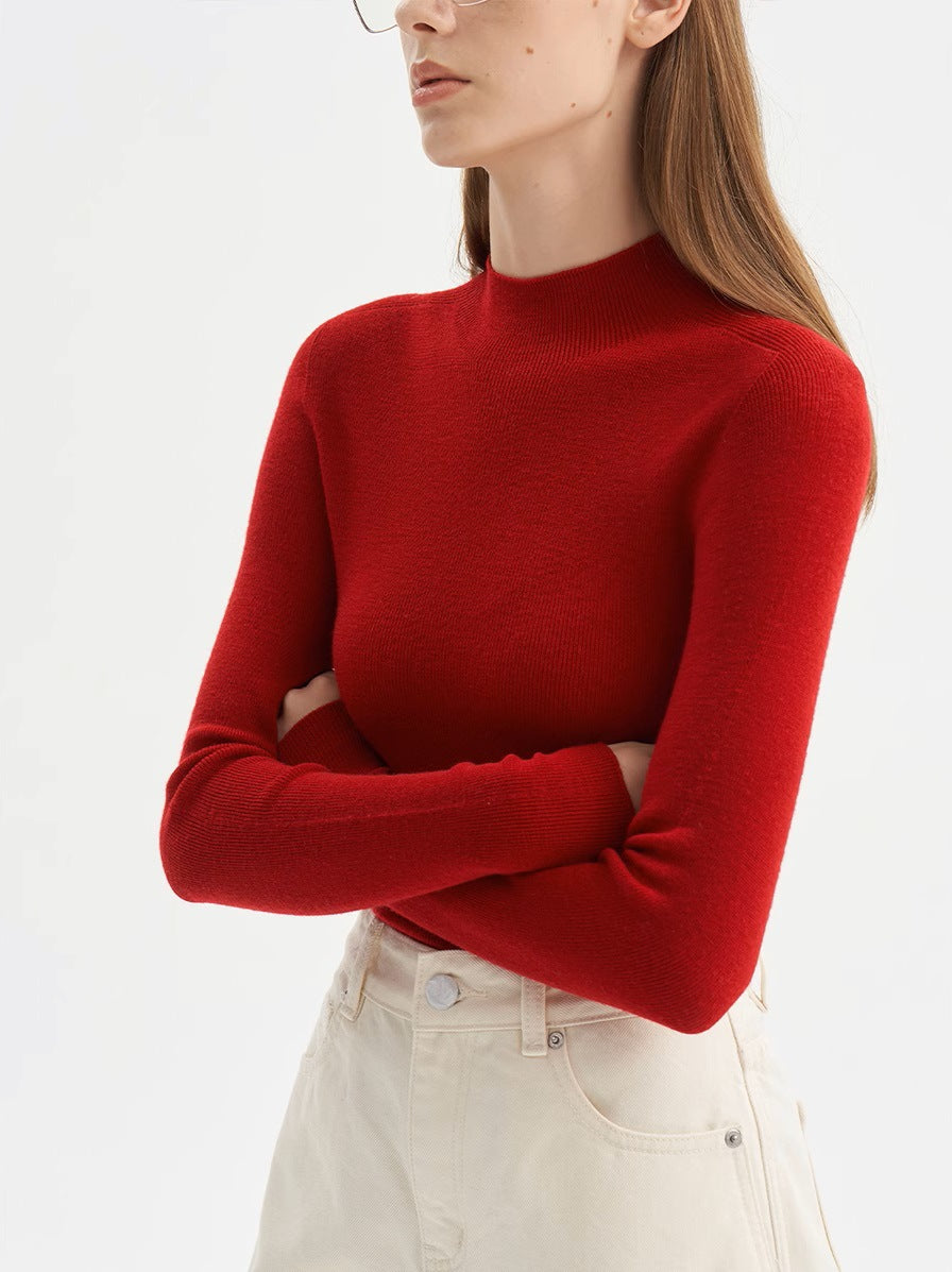SHALLOW STREAMS Seamless all-in-one red wool sweater, semi-turtleneck sweater women's autumn and winter bottoming shirt top