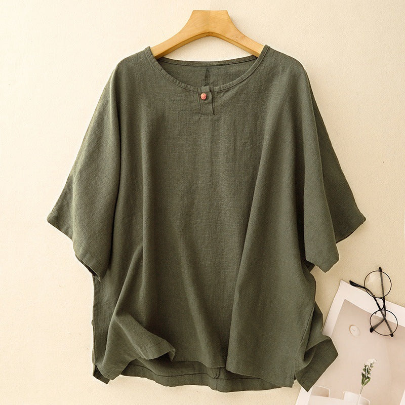 Real shot 2025 summer new literary loose solid color cotton and linen round neck short-sleeved T-shirt women's top 8056 #