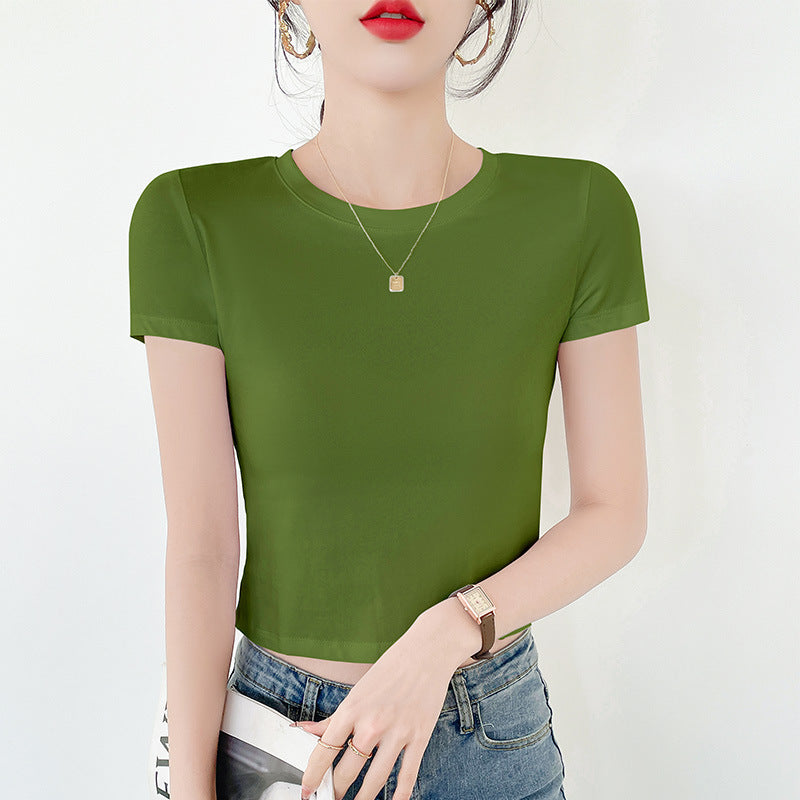 White short t-shirt women's short-sleeved ins trendy navel top tight cotton summer high-waisted belly button half-sleeved t-shirt