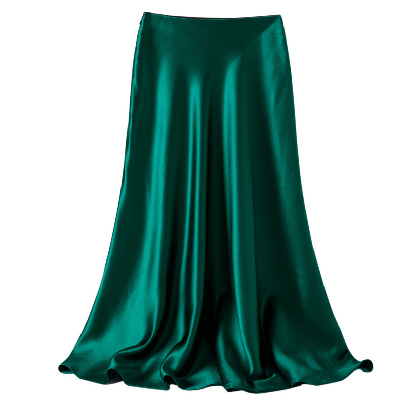 Elastic waist acetate skirt high-end silky 2025 Internet celebrity spring and summer new over-the-knee large swing skirt