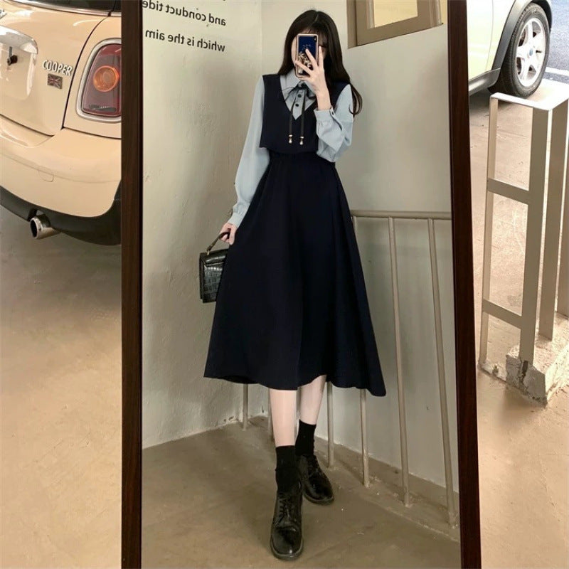 Plus size women's fake two-piece dress women's autumn new fat mm French retro design temperament slim long skirt