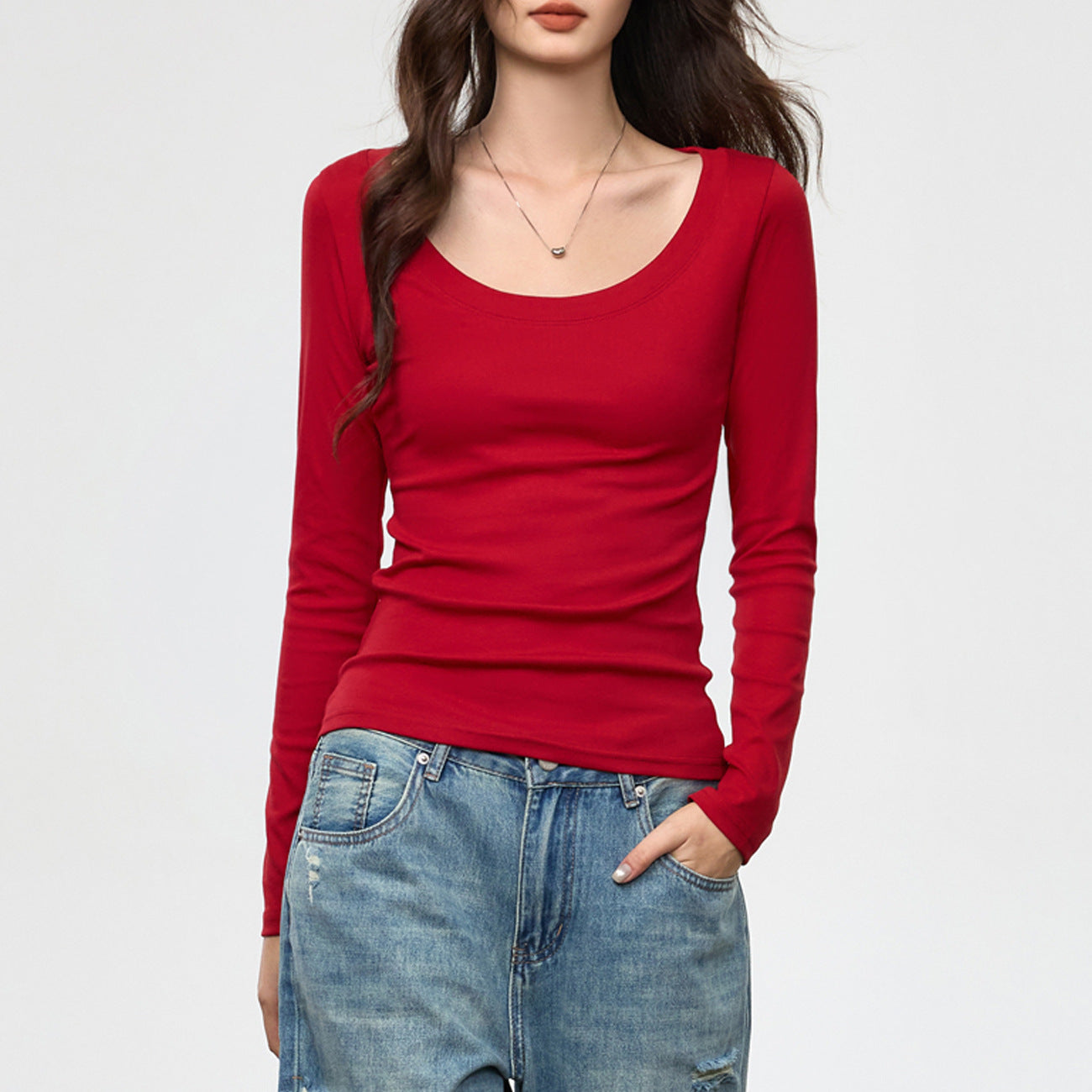 Combed pure cotton bottoming shirt women's autumn new foreign style U-neck long-sleeved t-shirt slim-fitting versatile simple solid color inner top