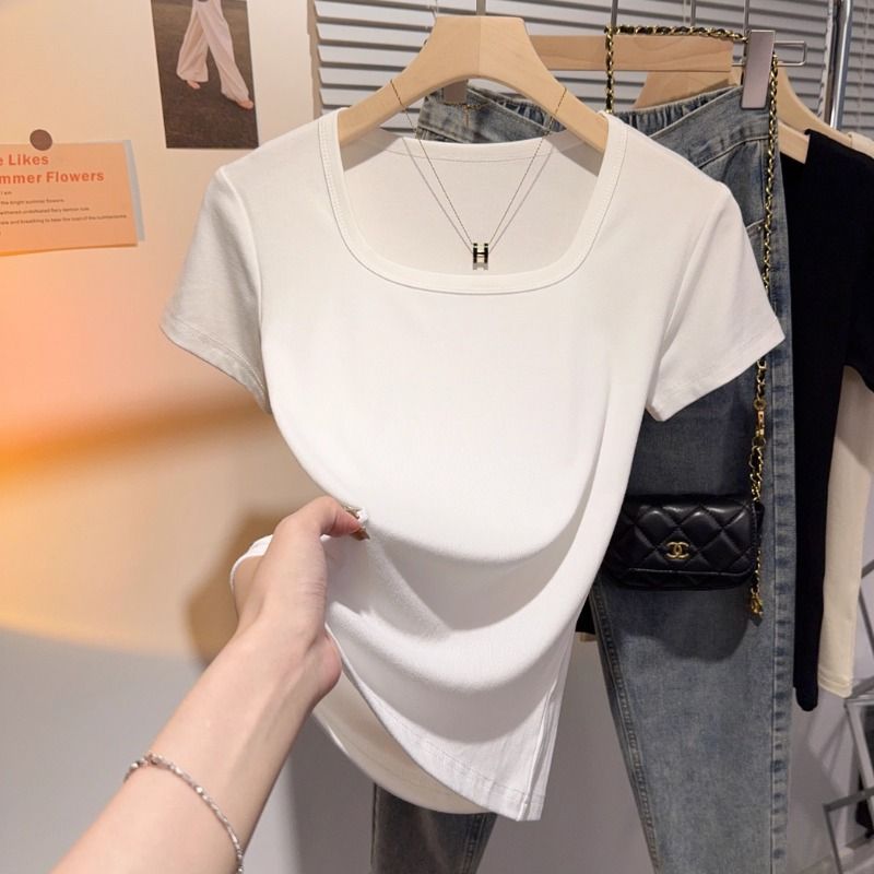 White square neck front shoulder short sleeve T-shirt women's 2025 waist fold pure desire style slim fit Spice girl slim summer top
