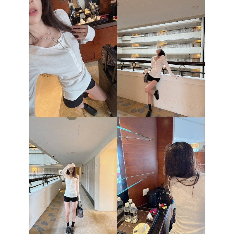 Here yaya shop 8.8 20:00 Salt Salt Cold Brew Cold Imported Fabric Buttons Skinny Lazy t