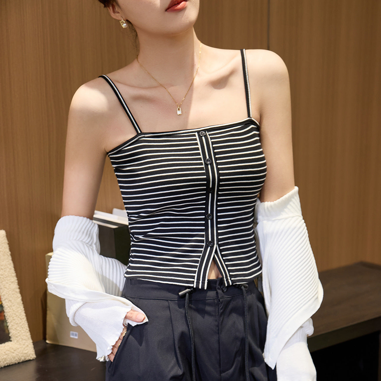 #Combed pure cotton #Design sense striped sling vest women's summer 2026 new Spice Girl off-the-shoulder bottom top