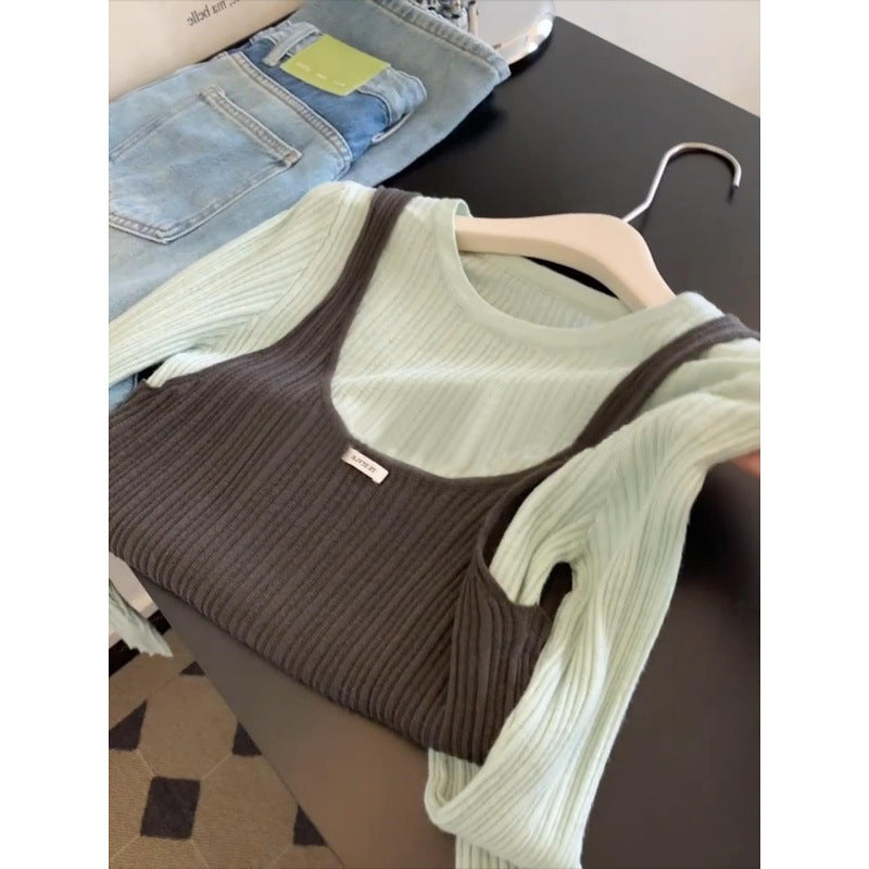 Mint makes perfect~ Korean style contrasting colors fake two-piece knitted sweater women's autumn 2025 new design chic top
