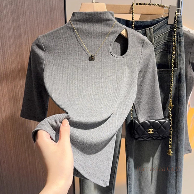 Black hollowed-out semi-turtleneck five-quarter-sleeved t-shirt bottoming shirt women's spring and autumn thin and versatile design mid-sleeved top