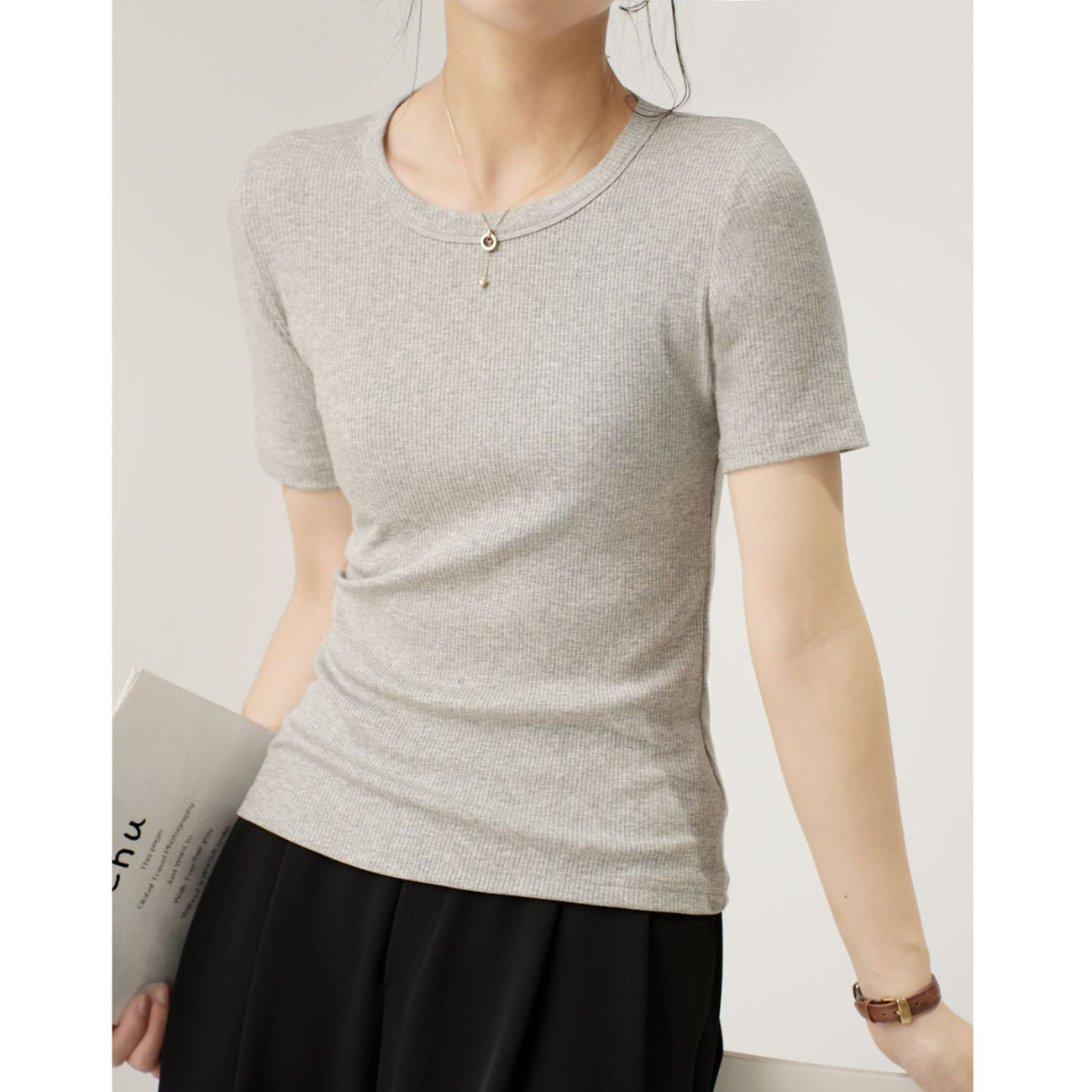 [Selection of Excellent Cotton] Medium Sleeve T-Shirt Women's 2026 Summer Clothing New Crew Neck Slim-fit Versatile Short Sleeve Top Bottom Shirt