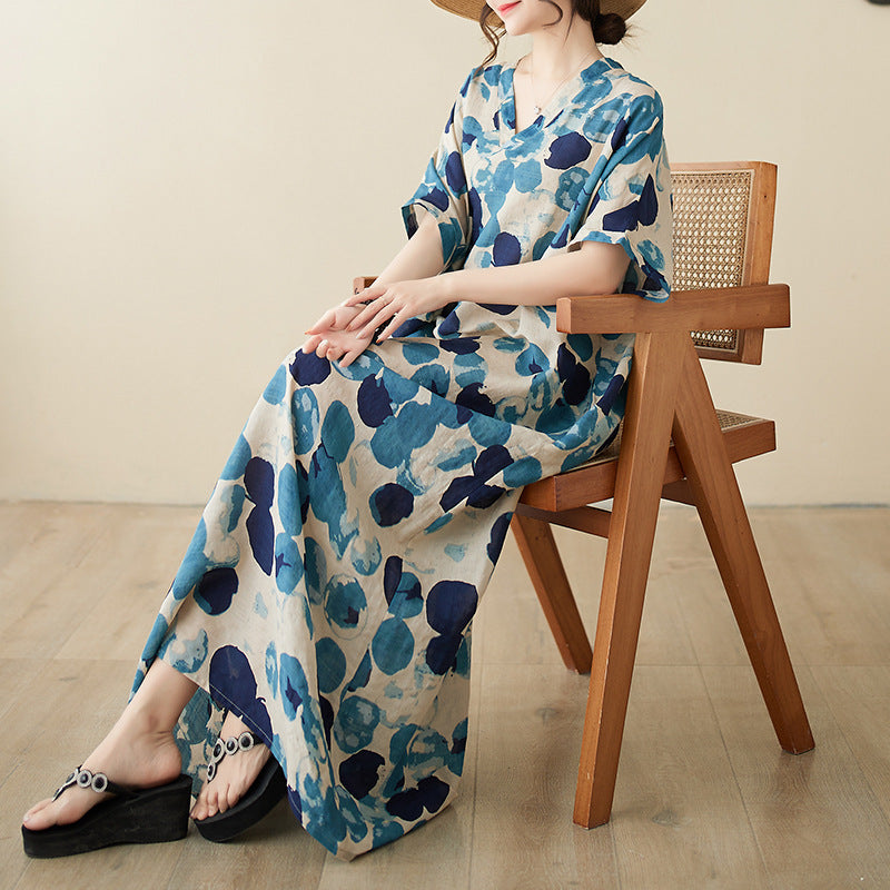 Real shot 2024 spring and summer V-neck thin cotton and linen large size loose literary holiday wind beach skirt retro long robe