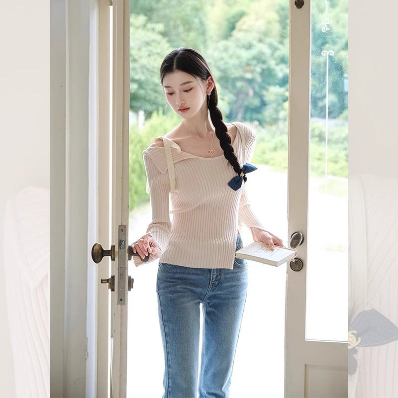 Pink irregular one-word shoulder long-sleeved knitted sweater women's spring and autumn short bottoming shirt temperament with split top