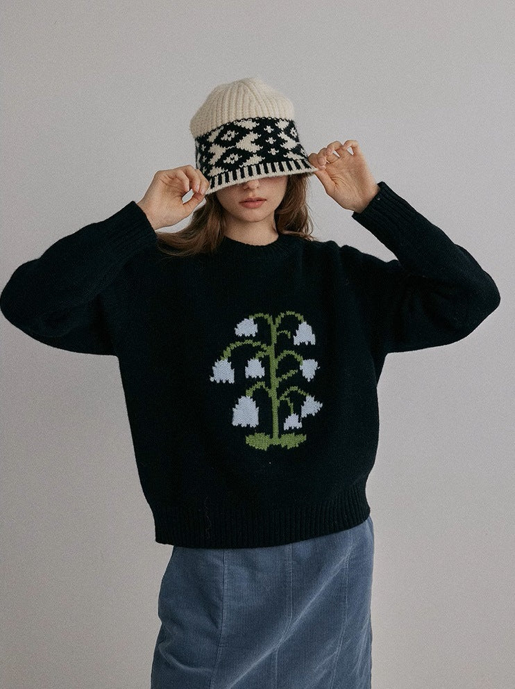 Thick needle round neck lily of the valley jacquard knitted sweater women's autumn and winter new fashion versatile casual top