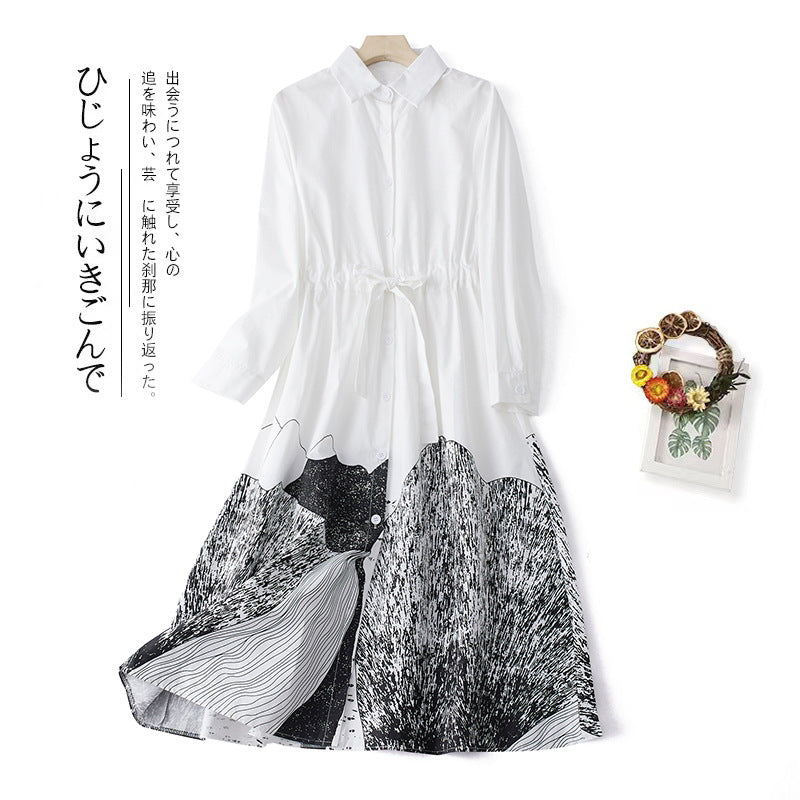 Real shot 2025 autumn new literary large size loose and thin printing long-sleeved dress women's clothing shirt skirt 301 #