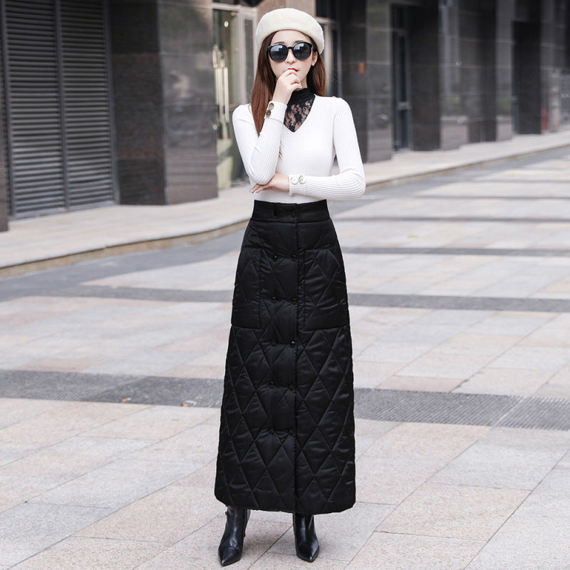Real shot 2024 winter new double-breasted one-piece thermal cotton skirt women's thickened A-shaped skirt hip-wrapped long skirt