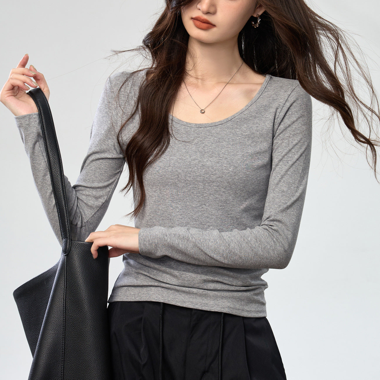 40 combed pure cotton, soft waxy and skin-friendly, round neck solid color simple slim and thin long-sleeved T-shirt women's bottoming shirt top