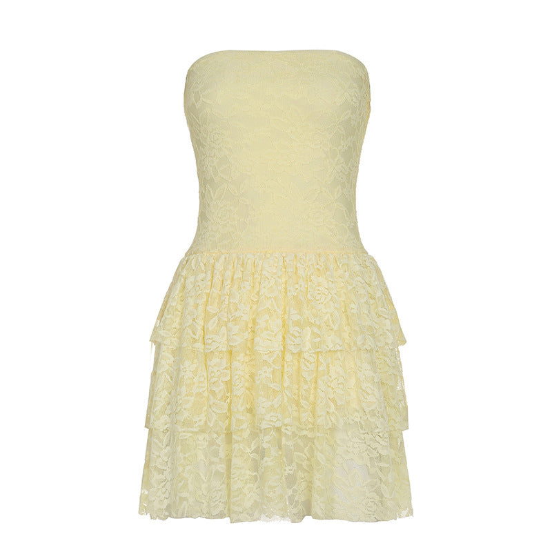 French romantic sexy lace one-word shoulder tube top dress niche design light and thin waist short cake dress