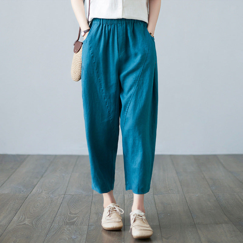 2025 summer new literary loose splicing solid color cotton and linen elastic waist Harlan pants nine-point pants women's pants #1237 #